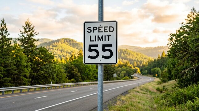 Speed Limit Sign in Scenic Landscape: A speed limit sign indicating 55 mph stands prominently along a winding road nestled within a breathtaking mountainous landscape.