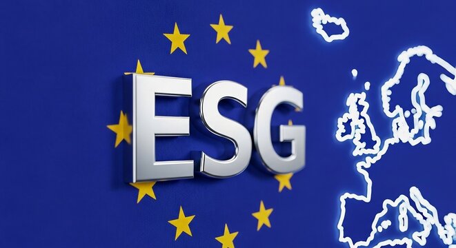 EU ESG Policy Concept with Silver Text, European Union Flag and Neon Map Outline