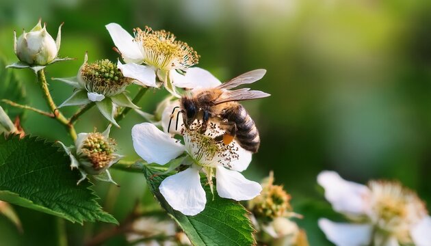 bee collecting nectar on white blackberry flowers with green buds and leaves in a summer garden on a blurred background