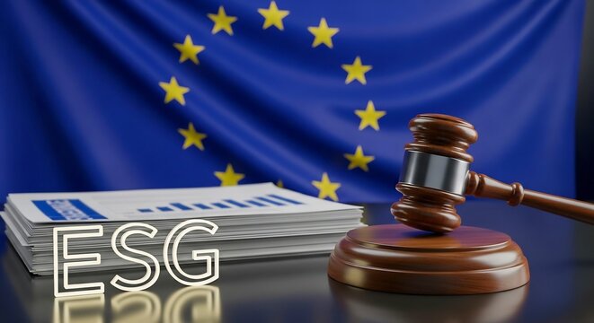 EU ESG Regulation Concept with Judge Gavel, Glowing Text and Documents