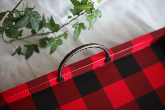 Red and Black Buffalo Plaid Wooden Serving Tray with Metal Handle