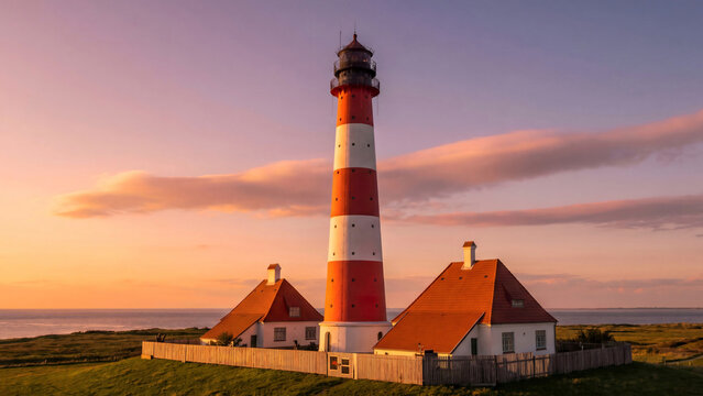 Red and white striped lighthouse at sunset with coastal houses