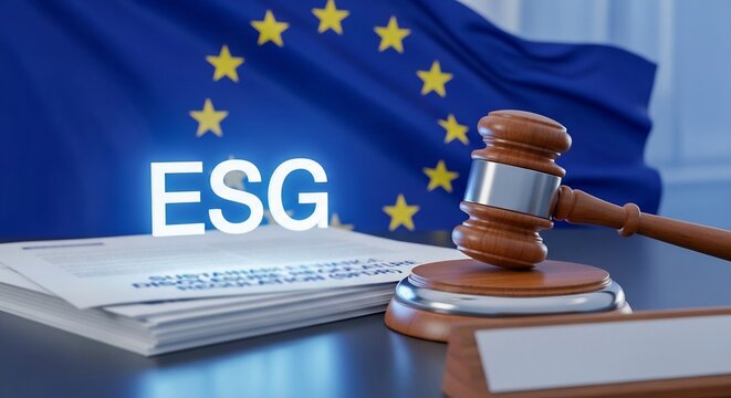 EU ESG Law Concept with Glowing Text, Judge Gavel and European Union Flag