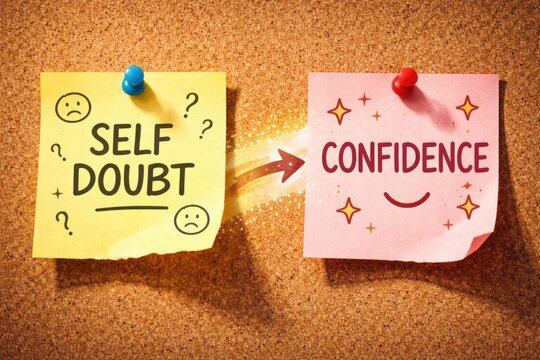 Yellow and pink note emphasizing transition from self doubt to confidence