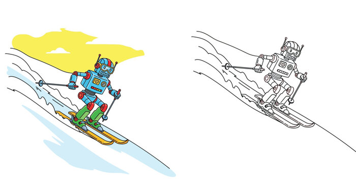 Retro Robot Skiing Down Snowy Mountain Slope Illustration and Line Art Coloring Page - Cartoon Vector of Mechanical Android Enjoying Winter Sports and Outdoor Activities