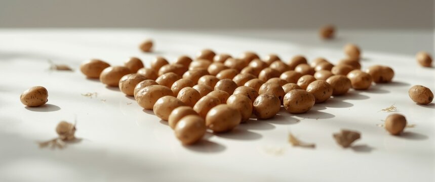 Bunch of small round potatoes placed on a smooth white surface