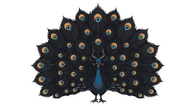 Dark fantasy vector illustration of a demonic peacock featuring glowing crimson eyes, sharp obsidian feathers, and hellish flame accents isolated on a white background.