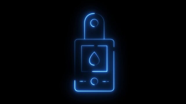 Glowing neon glucometer animation with a blood drop symbol on a black background, diabetes monitoring, health testing, medical analysis, or diagnostics