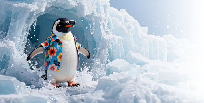 Pingouin manchot en chemise florale estivale sur glace &ndash; banni&egrave;re fra&icirc;che avec espace vide pour texte ou produit