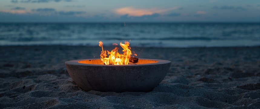 Beach setting featuring concrete fire pit and glowing embers