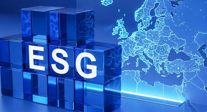 European ESG Concept with Glass Cubes and Digital Map of Europe
