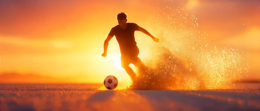 Golden sunset illuminates a lone soccer player