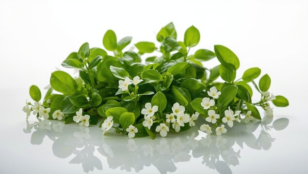 Bacopa monnieri Brahmi with vivid green leaves and delicate white blossoms displayed on a pure white surface