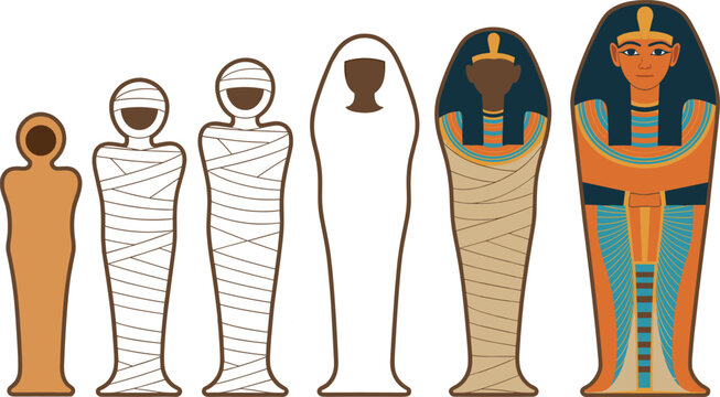 Egyptian Mummy and Sarcophagus Vector Set with Ancient Burial Artifacts, Wrapped Mummies, Pharaoh Coffins, and Historical Egyptian Illustration Designs