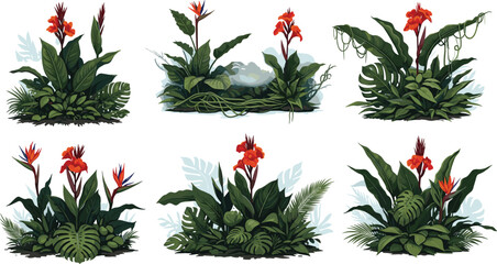 Tropical jungle foliage arrangement set featuring canna lilies and bird of paradise flowers on white background © MdNipon