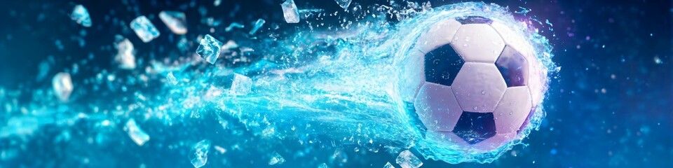 Naklejka premium Soccer ball spins through icy blue water