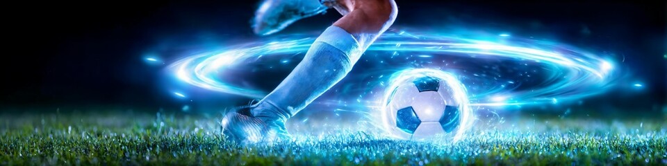 Naklejka premium Soccer player kicks glowing ball on green grass