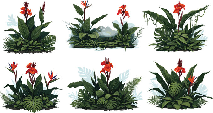 Tropical jungle foliage arrangement set featuring canna lilies and bird of paradise flowers on white background