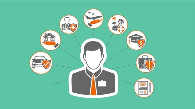 A businessman with various icons representing different industries and hobbies surrounding him in a circular pattern on a green background.
