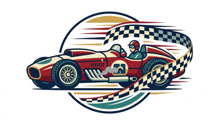 Vintage Race Car Speeding with Checkered Flag. © Pia