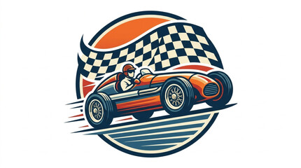 Vintage Race Car Speeding Towards Finish Line with Checkered Flag. © Pia