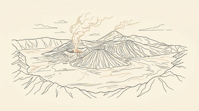 Minimalist line art vector illustration of Mount Bromo caldera landscape in East Java, Indonesia. Hand drawn sketch showing Mount Bromo, Mount Batok, sea of sand and smoke with vintage cream backgroun