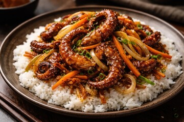 Fototapeta premium Savory stir-fried octopus with julienned carrots and onions plated on rice