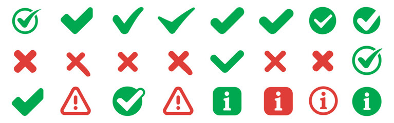 Check Tick Mark Cross Warning Info Icon Set, grunge brush stroke hand drawn doodle sketch vector illustration vote yes no right wrong checkbox icons isolated white background © Alamin by vision 2