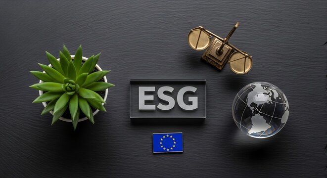EU ESG Concept Flat Lay with Plant, Balance Scale, Globe and European Flag