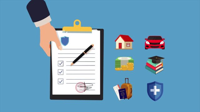 A hand holding a clipboard with a checklist and pen next to icons of a house, car, books, luggage, and a shield on a blue background with various symbols.