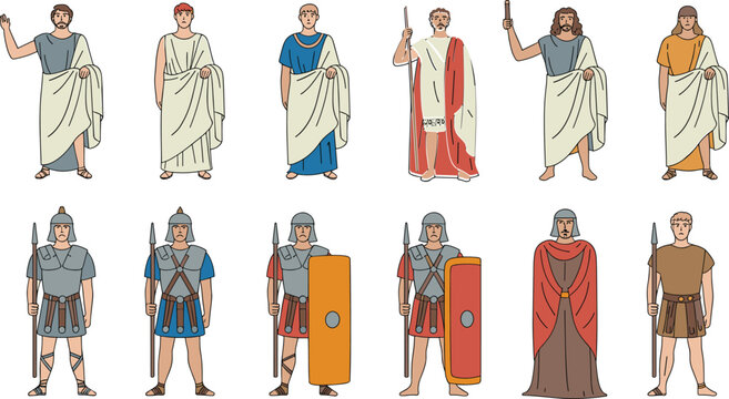 Ancient Roman People Vector Character Set with Empire Citizens, Senators in Togas, Soldiers, Legionaries with Shields, and Spears Illustration