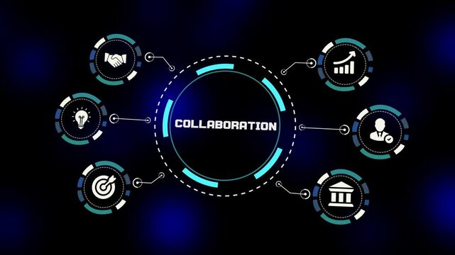 Collaboration concept with connected business systems, teamwork workflow integration, performance analytics and modern corporate visualization design.