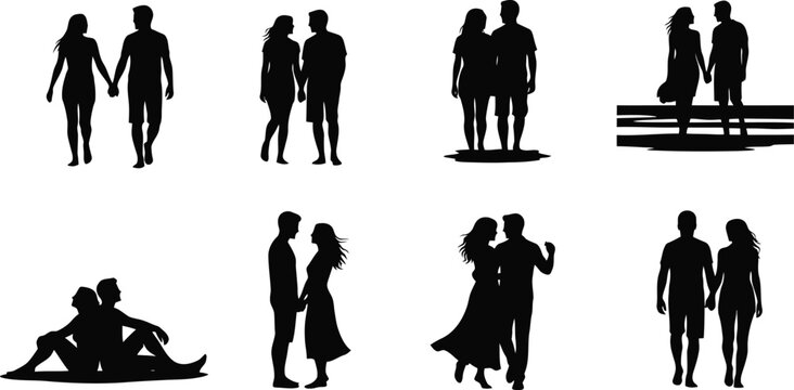 People Silhouette Vector Set with Couples, Walking Figures and Standing Characters