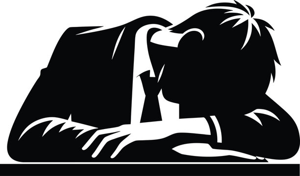 Tired businessman resting head on desk in this minimalist black and white graphic on white background