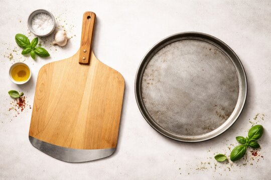 Overhead shot displaying a flat lay of a pizza peel and metal pan positioned on a white backdrop with copy space