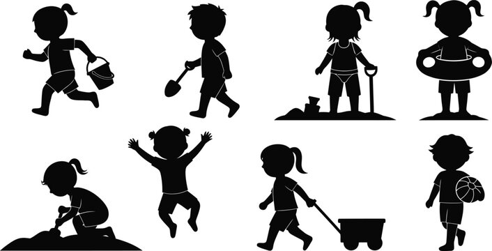 Kids playing summer activities vector silhouette set for children design projects