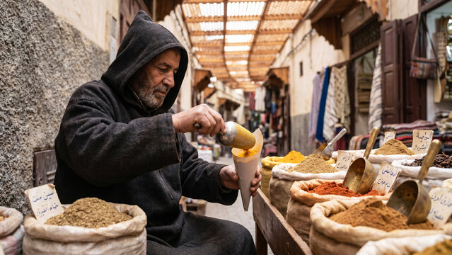 Berber Spice Merchant in Wool Djellaba Refilling Turmeric Beside Sacks of Cumin and Paprika in Old Medina of Fez Morocco, North African Market, Spice Trade, Reportage