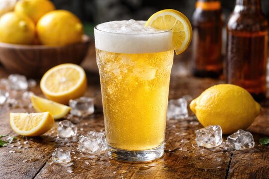 Icy cold lemon flavored beer shandy alcoholic beverage served
