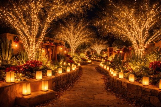 Holiday night scene with bright Christmas luminarias and glowing trees in a southwestern garden