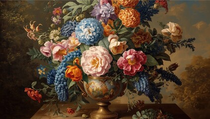 Fototapeta premium A bright and detailed floral painting featuring varied blooms in a classic flower vase