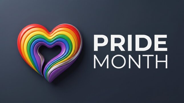 Pride Month banner with rainbow heart, 3D layered LGBTQ symbol on dark background, colorful pride heart illustration for social media and events