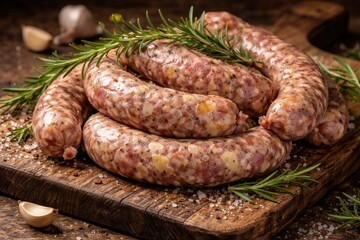 Fototapeta premium Seasoned pork and potato sausage links on a rustic wooden cutting board with fresh rosemary