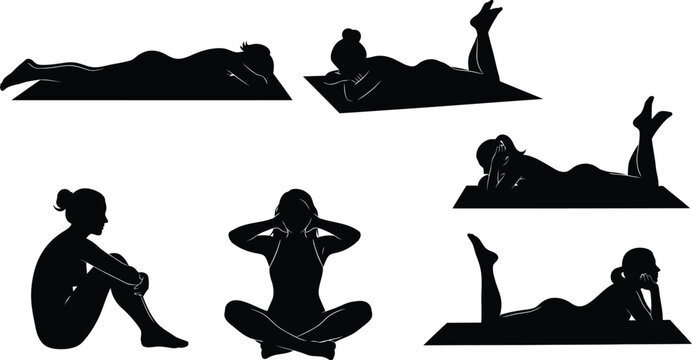 Yoga Women Silhouette Vector Set of Fitness Poses Isolated on White Background