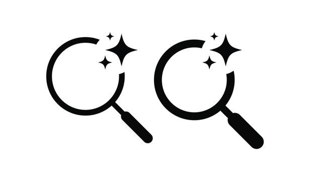 Search icon set. magnifying glass with magic sparkle stars symbol. find and analyze with Machine learning. Generate ai with loupe icons
