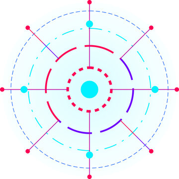 Minimalist abstract radial cybernetic network core featuring colorful nodes and dashed circles on white background