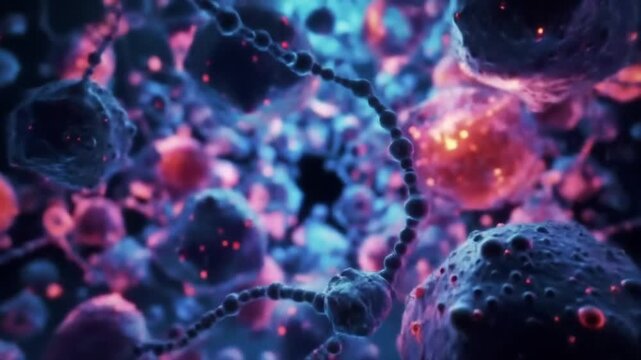 Cells move through a dark environment to illustrate the complex biological processes inside a human body.