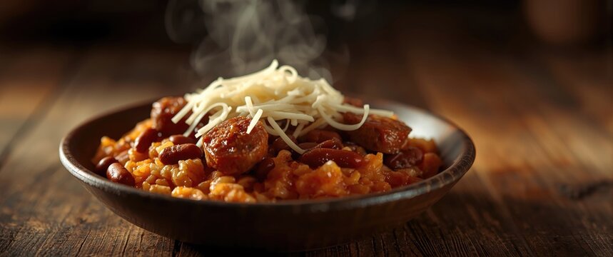 Brazilian comfort food Baiao de Dois with rice beans sausage and rich rennet cheese