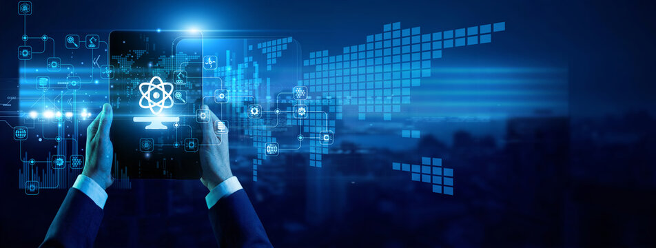 Academic student hands hold white tablet Computer Science algorithm code. Theoretical foundations drive innovation in software engineering and logic. Computer science and modern technology.