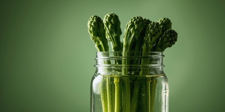 Broccolini stems immersed in water in a clear glass jar against a gently lit green background expressing freshness