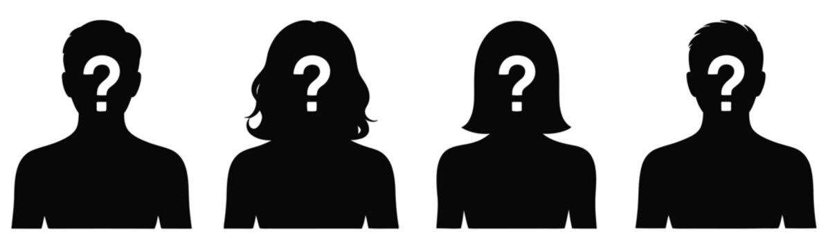 Anonymous person icon set featuring male and female avatar silhouettes for user profile and identity design illustration